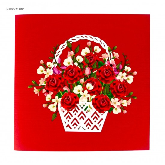 BC Worldwide Ltd Handmade 3D Pop Up Card Red Rose Basket Birthday Valentines Wedding Anniversary Mothers day Teacher's Day Thank You New Home Housewarming Blank