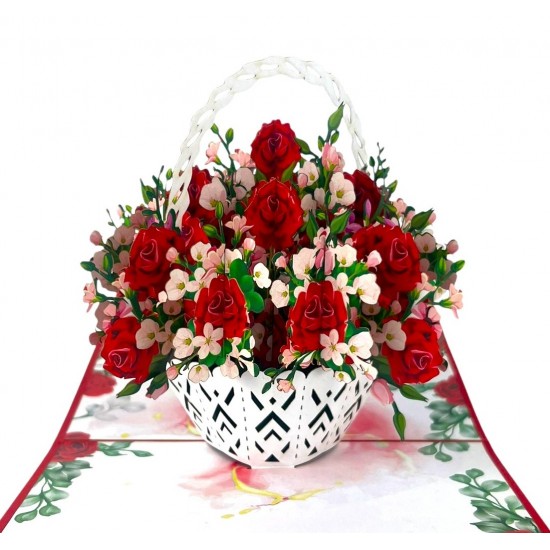 BC Worldwide Ltd Handmade 3D Pop Up Card Red Rose Basket Birthday Valentines Wedding Anniversary Mothers day Teacher's Day Thank You New Home Housewarming Blank