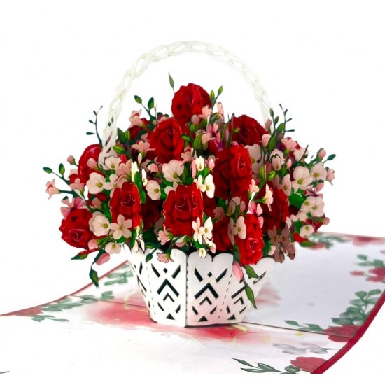 BC Worldwide Ltd Handmade 3D Pop Up Card Red Rose Basket Birthday Valentines Wedding Anniversary Mothers day Teacher's Day Thank You New Home Housewarming Blank