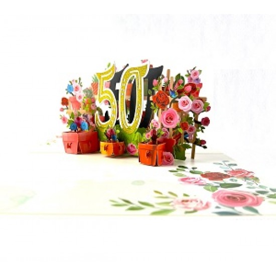 BC Worldwide Ltd handmade 3D pop up card 50 fifty happy birthday rose flower 