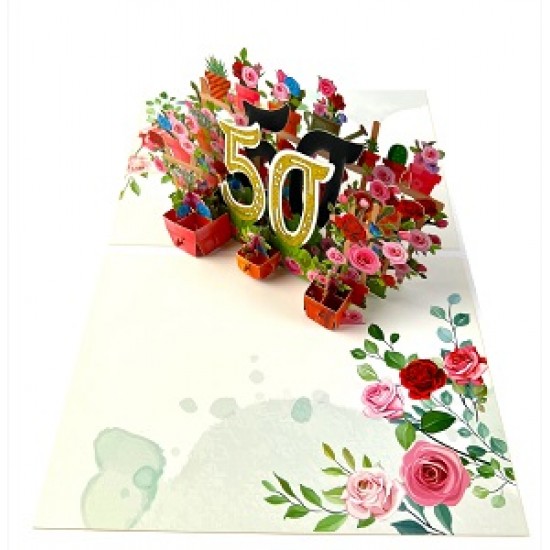 BC Worldwide Ltd handmade 3D pop up card 50 fifty happy birthday rose flower 