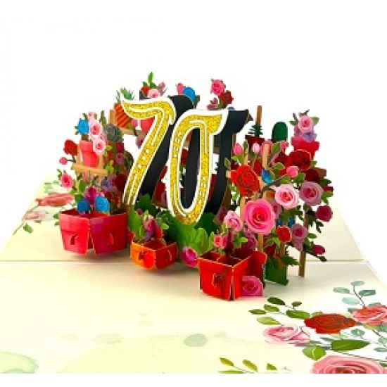 Handmade 3D pop up card 70 seventy happy birthday rose flower pot celebrations card for her friends