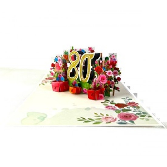 Handmade 3D pop up card 80 Eighty happy birthday rose flower pot celebrations card for her friends