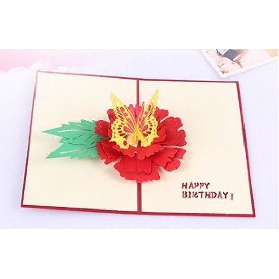 Handmade 3D Pop Up Card Happy Birthday Butterfly Red Peony Flower Greetings