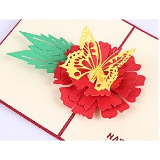 Handmade 3D Pop Up Card Happy Birthday Butterfly Red Peony Flower Greetings