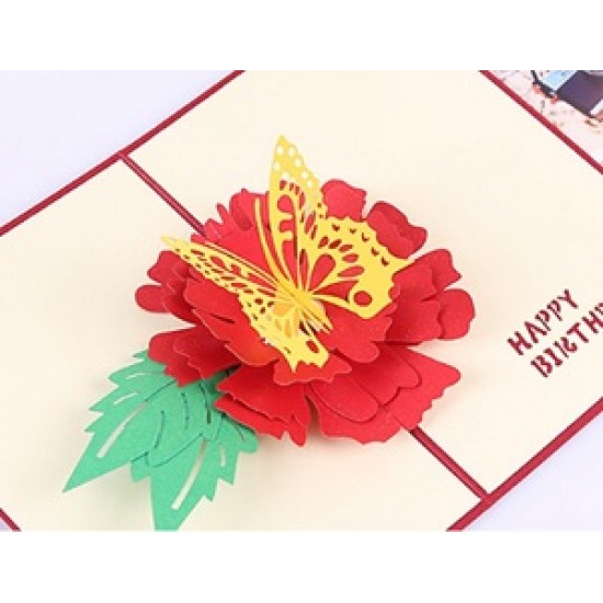 Handmade 3D Pop Up Card Happy Birthday Butterfly Red Peony Flower Greetings