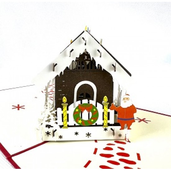 Handmade 3D Pop Up Xmas Card Santa Claus Country Cottage House Wreath Candlelight Jingle Bells Reindeer Kid Sledge Family Snowman Snowflake Seasonal Greetings