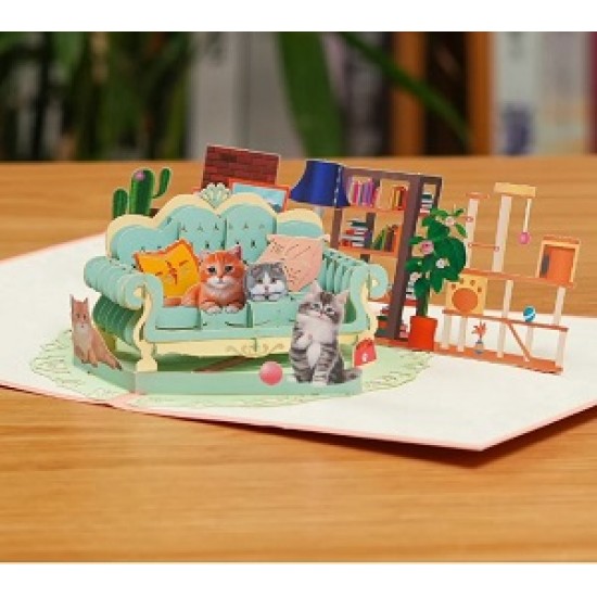 Handmade 3D Pop Up Card Cat Sofa Birthday, New Pet Housewarming, Mother's Day, Wedding Anniversary, Valentines Day Blank Card