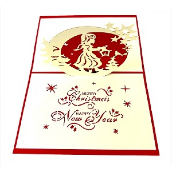 Handmade 3D Pop Up Christmas Card Merry Xmas Girl Lantern Moon Star Tree Bird Seasonal Greetings Celebrations Card