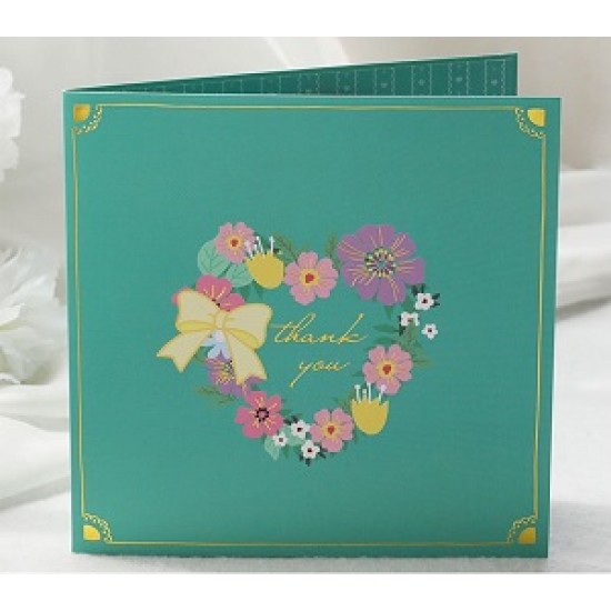 Handmade 3D Pop Up Card Colourful Flower Love Heart Gold Green Thank you card