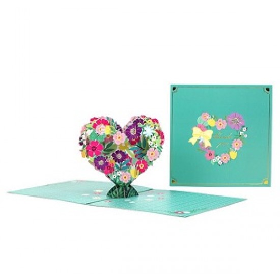 Handmade 3D Pop Up Card Colourful Flower Love Heart Gold Green Thank you card