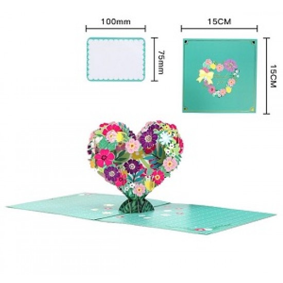 Handmade 3D Pop Up Card Colourful Flower Love Heart Gold Green Thank you card