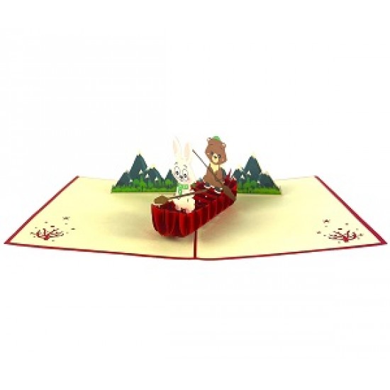 Handmade 3D Popup Card Rabbit Bear River Punting Boat Mountain Outdoor Animal Partner Birthday Wedding Anniversary Valentine's Day Holiday Vacation Retirement