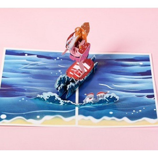 Handmade 3D Pop Up Christmas Card Santa Claus surfing board sea waves dolphin sea lion summer Happy Christmas seasonal greetings card for friend family, him and her