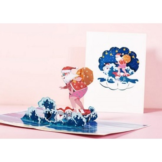 Handmade 3D Pop Up Christmas Card Santa Claus surfing board sea waves dolphin sea lion summer Happy Christmas seasonal greetings card for friend family, him and her