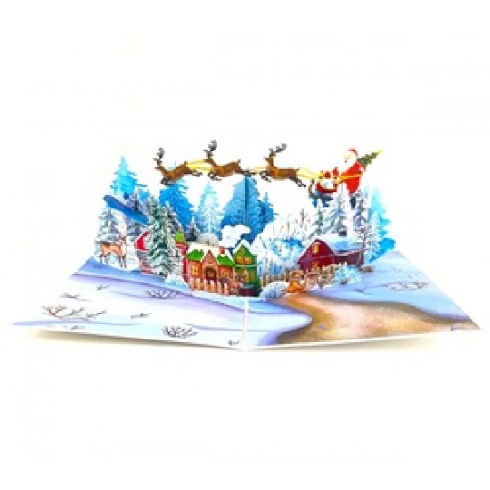 BC Worldwide Ltd 3D pop up Xmas card Merry Christmas Santa Claus reindeer sledge gift forest country mansion snow seasonal greetings celebration blank