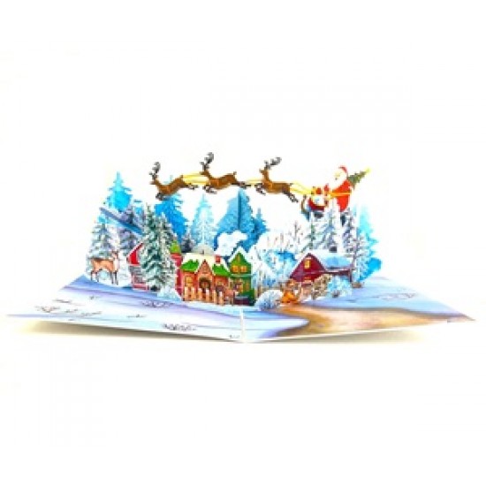 BC Worldwide Ltd 3D pop up Xmas card Merry Christmas Santa Claus reindeer sledge gift forest country mansion snow seasonal greetings celebration blank