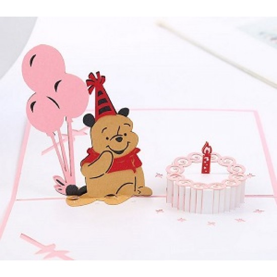 Handmade 3D Pop Up Card Winnie the Pooh Happy Birthday cake candle balloon Cartoon card for kids child son daughter granddaughter grandson