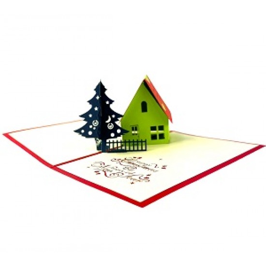 Handmade 3D Pop up Christmas Card Merry Xmas Happy New Year Tree Farmhouse Cottage Seasonal Greeting Celebrations Card