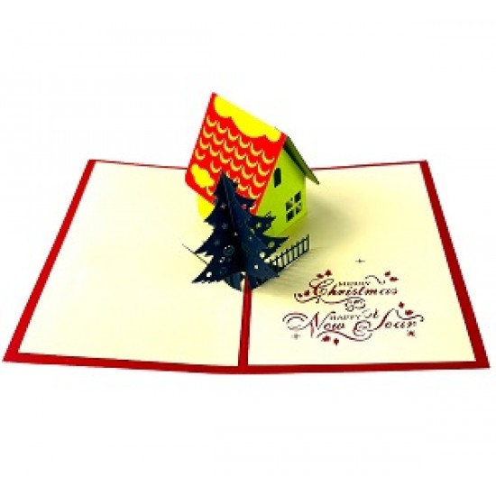 Handmade 3D Pop up Christmas Card Merry Xmas Happy New Year Tree Farmhouse Cottage Seasonal Greeting Celebrations Card