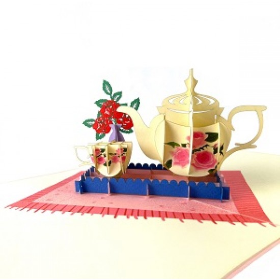 Handmade 3D Pop Up Card Teapot cup set Birthday Mother's Day Tea Party Invitation Wedding Anniversary Valentine's Day Bridal Shower New Home Blank Celebrations Card.