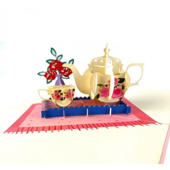 Handmade 3D Pop Up Card Teapot cup set Birthday Mother's Day Tea Party Invitation Wedding Anniversary Valentine's Day Bridal Shower New Home Blank Celebrations Card.