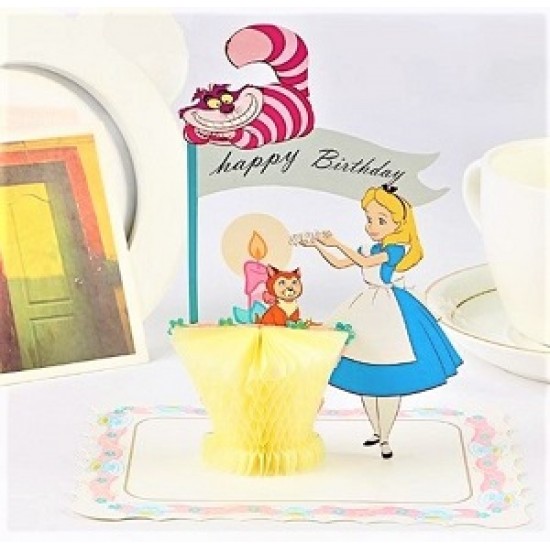 Handmade 4D Pop Up Card Box Alice in Wonderland honeycomb Happy Birthday Cupcake cat racoon party invitation 