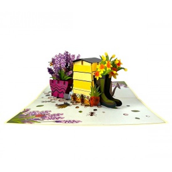 Handmade 3D pop up card Beehive Garden Boots Lavender daffodil boots birthday Mother's day Retirement Anniversary Valentine's day Blank Celebrations