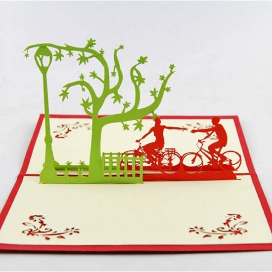 Handmade 3d Pop Up Card Birthday Valentines Day Wedding Anniversary Vintage Country Cottage Village Love Couple Cycling Bike Bicycle Tree