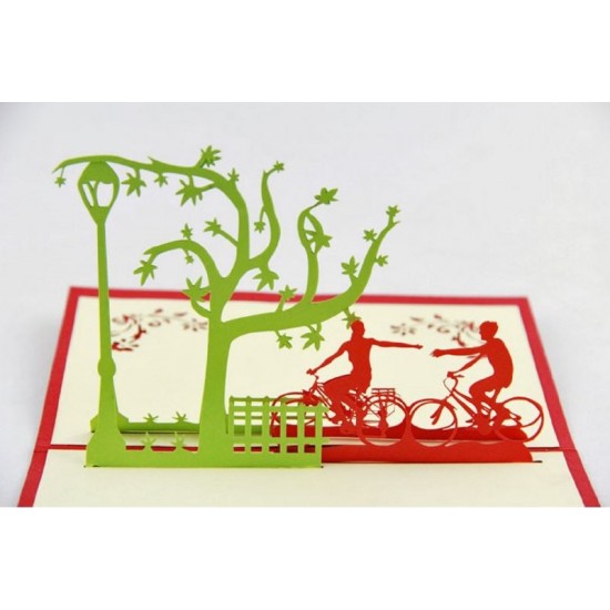 Handmade 3d Pop Up Card Birthday Valentines Day Wedding Anniversary Vintage Country Cottage Village Love Couple Cycling Bike Bicycle Tree