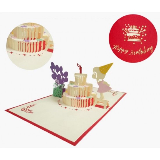 Handmade 3d Pop Up Birthday Card Girl Cake Balloon Gift Candle Bow Star Papercraft Laser Cut Origami Kirigami Pink Daughter Party Invitation