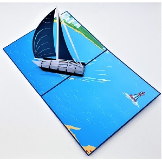 Handmade 3d Pop Up Card Blue Sailing Boat Sea Ocean Birthday Wedding Anniversary Father's Day Valentine's Day Graduation Moving Leaving Travelling Holiday