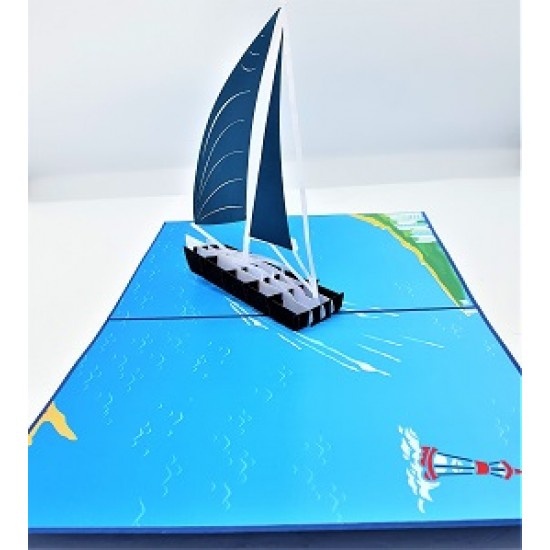 Handmade 3d Pop Up Card Blue Sailing Boat Sea Ocean Birthday Wedding Anniversary Father's Day Valentine's Day Graduation Moving Leaving Travelling Holiday