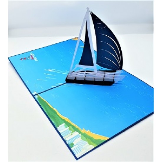 Handmade 3d Pop Up Card Blue Sailing Boat Sea Ocean Birthday Wedding Anniversary Father's Day Valentine's Day Graduation Moving Leaving Travelling Holiday