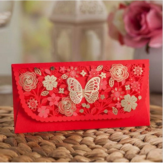 6 Gold Leaf Butterfly Sakura Cherry Blossom Laser Cut Red Lace Red Money Envelope Hong Bao, wedding, anniversary, birthday, graduation, baby Birth, new Year, christmas