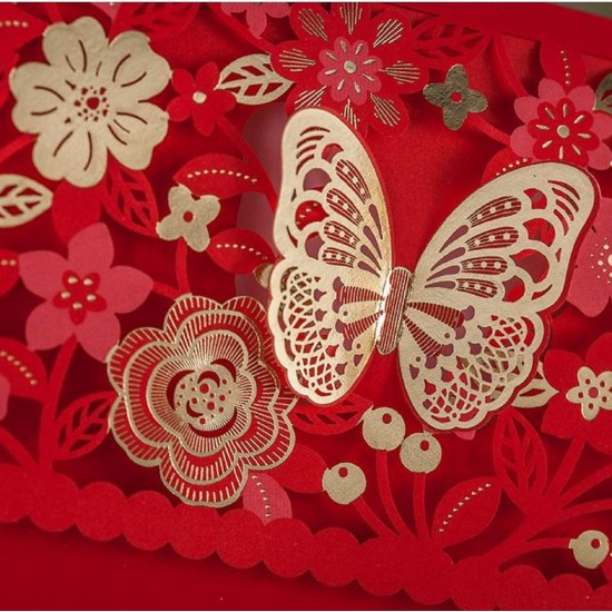 6 Gold Leaf Butterfly Sakura Cherry Blossom Laser Cut Red Lace Red Money Envelope Hong Bao, wedding, anniversary, birthday, graduation, baby Birth, new Year, christmas