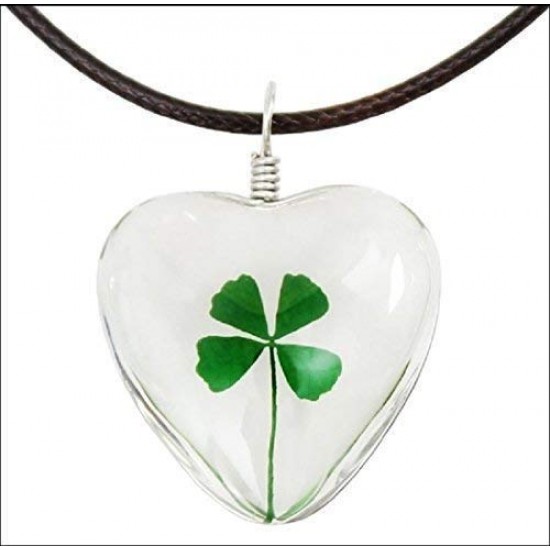 Handmade Good Luck Charm Pendant Dry Pressed Preserved 4 Leaf Clover Leather Love Heart Metal Necklace Birthday Valentines Wedding Anniversary St Patrick Day Gift