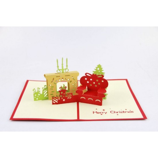 Handmade Origami Papercraft Paperart 3d Popup Christmas Xmas Card Fireplace Couch Armchair Sofa Candle Light Gifts Presents Red Green Gold Greeting Cards