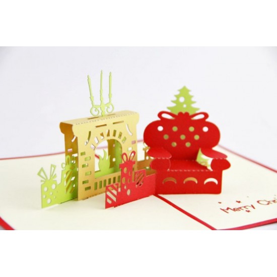 Handmade Origami Papercraft Paperart 3d Popup Christmas Xmas Card Fireplace Couch Armchair Sofa Candle Light Gifts Presents Red Green Gold Greeting Cards