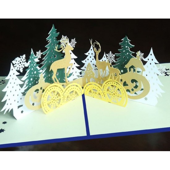 Handmade 3d Pop Up Christmas Card Reindeer Family Forest Tree Outdoor Snowflake Country Cottage Table Ornament Home Decoration Greeting Gift