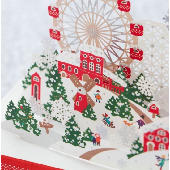 4d Pop Up Laser Cut Papercraft Diy Merry Christmas Card Section Insert Xmas Fairground Snowflakes House Village Kid Child Play Ferris Wheel