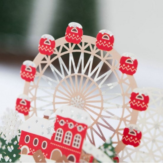 4d Pop Up Laser Cut Papercraft Diy Merry Christmas Card Section Insert Xmas Fairground Snowflakes House Village Kid Child Play Ferris Wheel