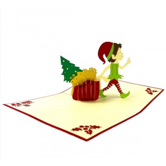 Handmade 3D Pop Up Xmas Card Happy Christmas Elf Gift Bag Tree Holly Seasonal Greetings Gifts Decorations