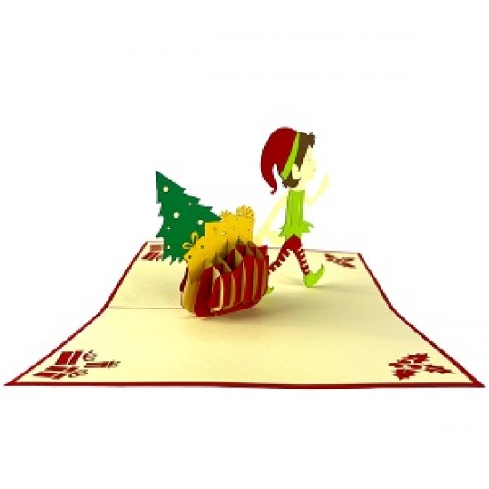 Handmade 3D Pop Up Xmas Card Happy Christmas Elf Gift Bag Tree Holly Seasonal Greetings Gifts Decorations