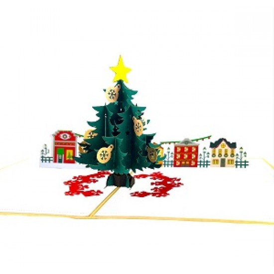 Handmade 3D Pop Up Christmas Card Merry Xmas Tree Town Square Seasonal Greetings Blank Card Celebrations Card