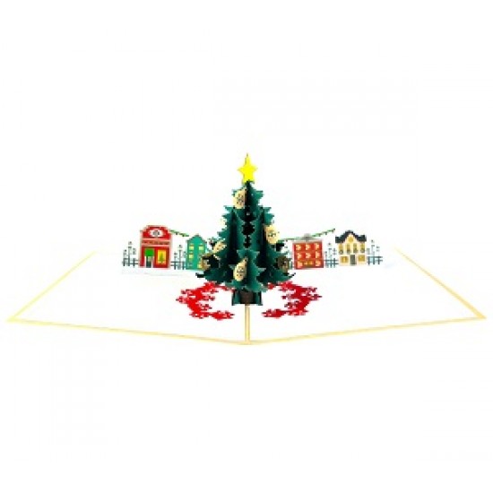 Handmade 3D Pop Up Christmas Card Merry Xmas Tree Town Square Seasonal Greetings Blank Card Celebrations Card