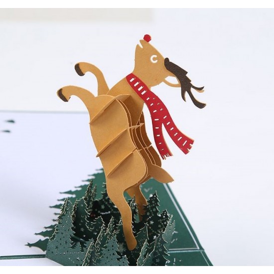 Handmade 3D Pop Up Christmas Xmas Card Flying Reindeer cross Forest Scarf Country blank seasonal greetings card to friends and family