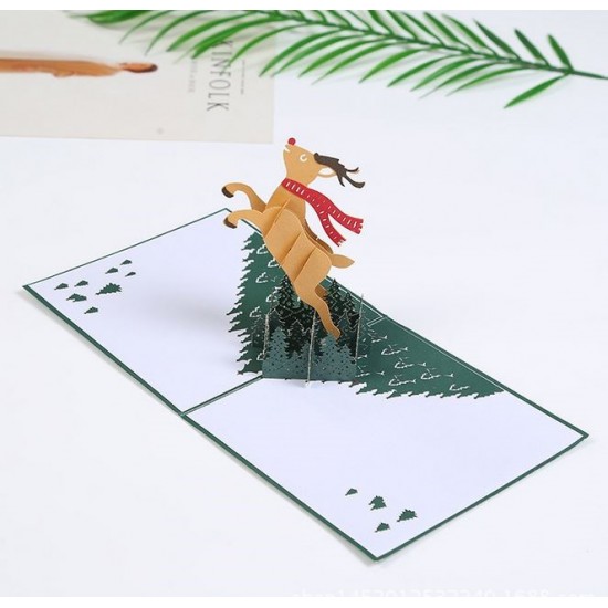 Handmade 3D Pop Up Christmas Xmas Card Flying Reindeer cross Forest Scarf Country blank seasonal greetings card to friends and family