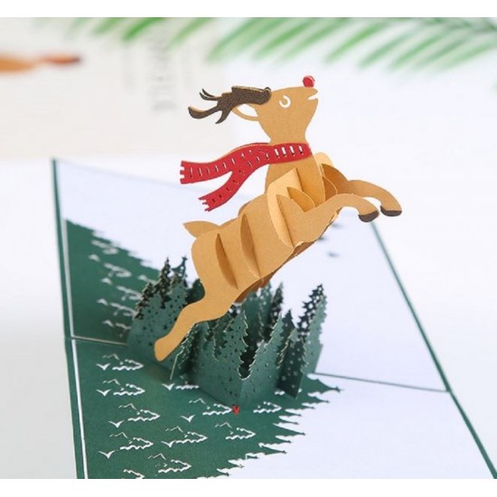 Handmade 3D Pop Up Christmas Xmas Card Flying Reindeer cross Forest Scarf Country blank seasonal greetings card to friends and family