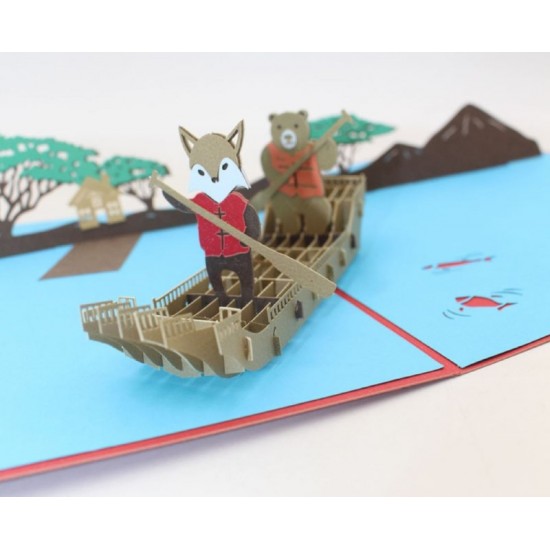 Handmade 3D Popup Card Birthday Wedding Anniversary Valentines Day Holiday Vacation Canoe Fox Bear Team Punting River Fish Tree Country Home